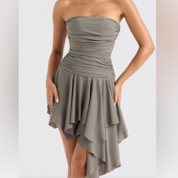 House of CB Valeria Ruched Asymmetrical Gray Mini Dress - Picture 3 of 8